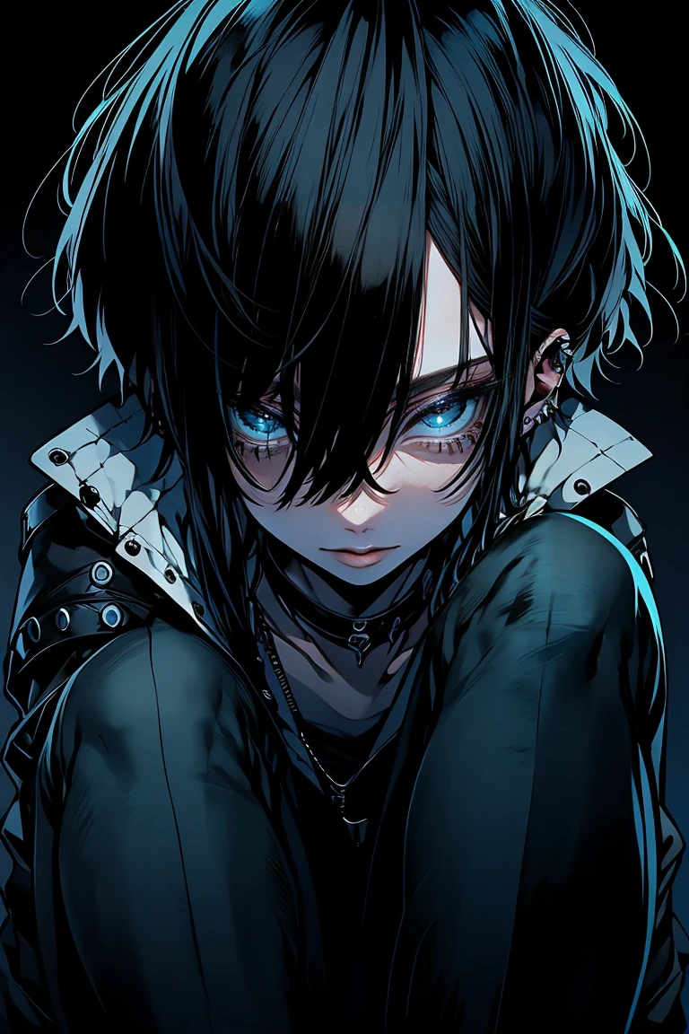 (best quality,very detailed,high resolution:1.2) Delicate Face Portrayal , woman with a perfect face , Psycho laugh , Black bob , light blue eyes , Poor posture , Blue tube top , long jeans , black choker , dark background , Scary atmosphere , one woman
