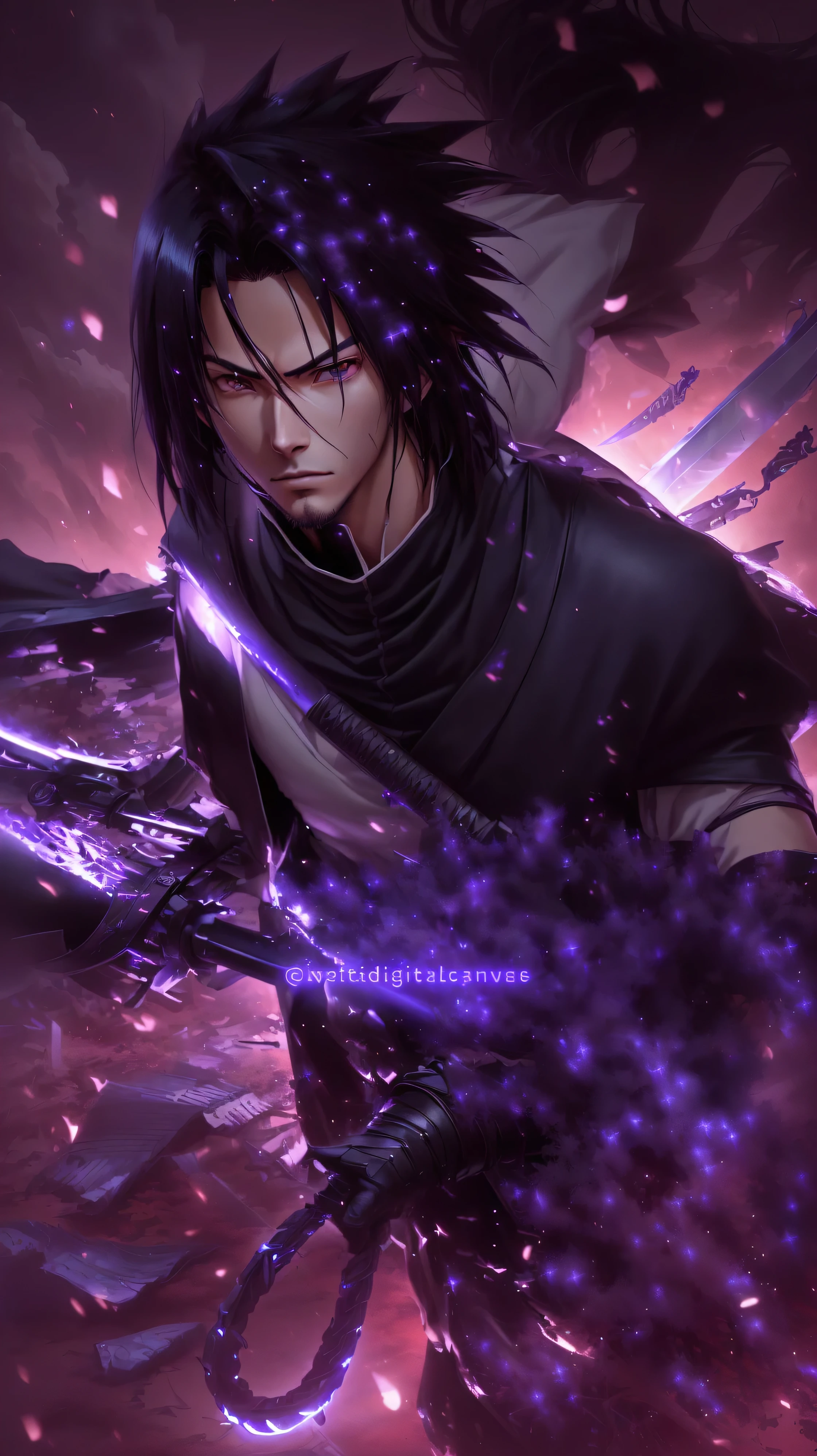 a close up of a person with a sword in a field, sasuke uchiha, badass anime 8 k, digital anime art, detailed digital anime art, epic anime style, handsome guy in demon slayer art, digital advanced anime art, itachi uchiha, itatchi uchiha, advanced digital anime art, advanced anime digital art, clean detailed anime art
