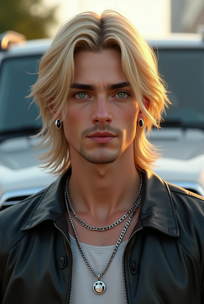 long curtain bangs haired man in blonde, tan,. with stud earrings, silver chain, green eyes, tall, very tall, good street style, looks happy but neutral, standing infront of a bmw