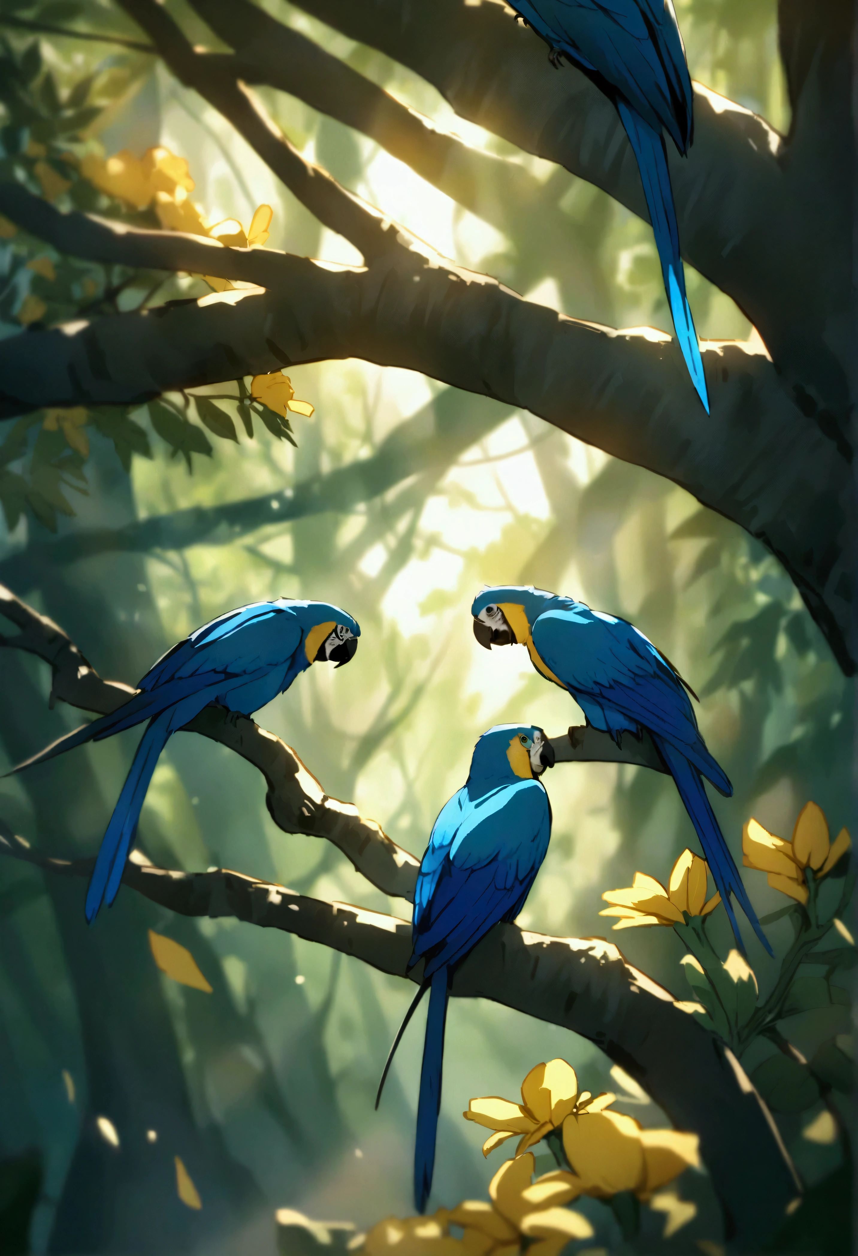 Blue macaws flying while gazing at each other with yellow flowers in the background of a forest