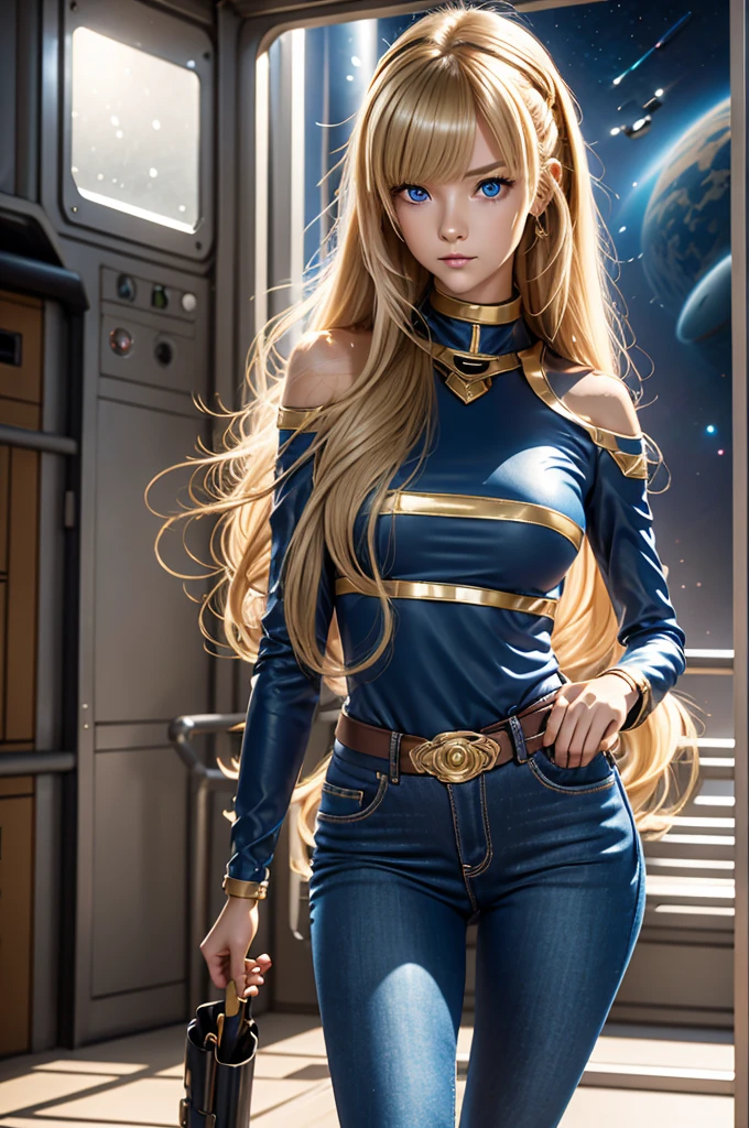 Anime style female character inspired by vintage space opera aesthetics, with elongated facial features, 165 cm tall, having blond, waist-length, wavy hair with V bangs, and blue eyes. She is wearing tight skinny jeans with high boots over them, adding an equestrian touch to her ensemble. The character's design reflects a blend of space opera elements and a realistic body proportion, highlighting her strong yet feminine presence.
