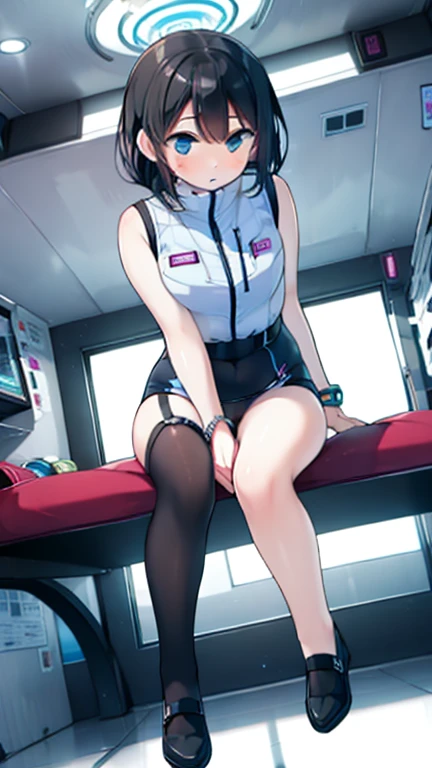 (Highest quality), (masterpiece), 1080P, High resolution, 4K, 8k, Inside the space station、Futuristic room、Thigh straps, Shooting from directly below, The woman on top of me, 白いSweat, Covered , Sweat, Woman looking down, Skirt swimsuit, Thigh-high socks, To achieve this, , , whole body, Black leather shoes, Braided hair, Inner Color, Embarrassed face, Short black hair, bracelet, Bedroom,celestial body_Vest
