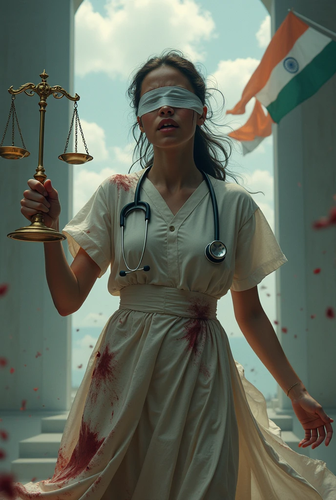 Female doctor wearing doctor's apron with stethoscope asking for justice symbol holding on one hand, stethoscope in another hand, afraid and crying(blind fold) infront of heaven door(typical cloudy and shiny heaven door) show her back side include indian tricolour flag. make it natural looking and tear her clothes like she got into road accident bleeding all over, Include indian tricolour flag
Make both the flags indian tricolour flag
Make her hold stethoscope 🩺 on left hand and on right hand justice ⚖️ symbol