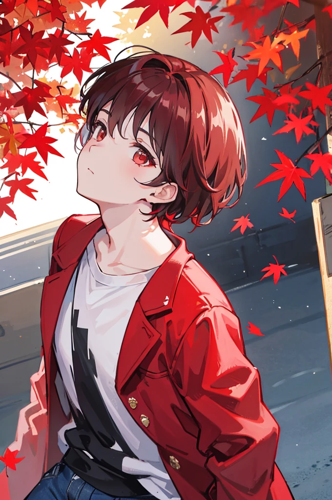 Looking up at the crimson maple tree、With red short hair、Wearing a dark red suit jacket over my shoulders、Wearing a white t-shirt and denim jeans、youth、man