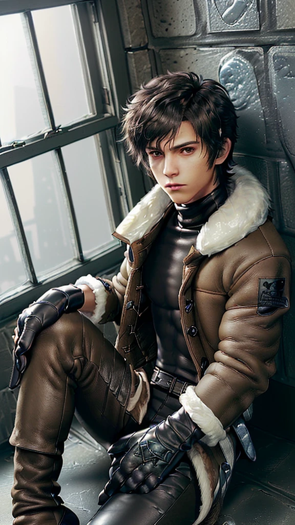 Final fantasy taste and reality graphics, ((Japanese young cute and cool ikemen  boy)), his age is early 20s, thin eyebrows and beady eyes,  (((he wearing light brown color shearling jacket))), ((jacket is no leather and waist length)), ((fur color is white)),
((also wearing black thick turtleneck polyester shirts)),  ((tight black leather long pants)), ((((black leather tight and thin leather full finger glove both hands)))), black leather knee-high raceup boots,must views  head-to-toe,must views whole body,,((((boy in the windowless prison room)))),(((boy sitting on the floor, curl up and holding your knees))),boy is resigned look