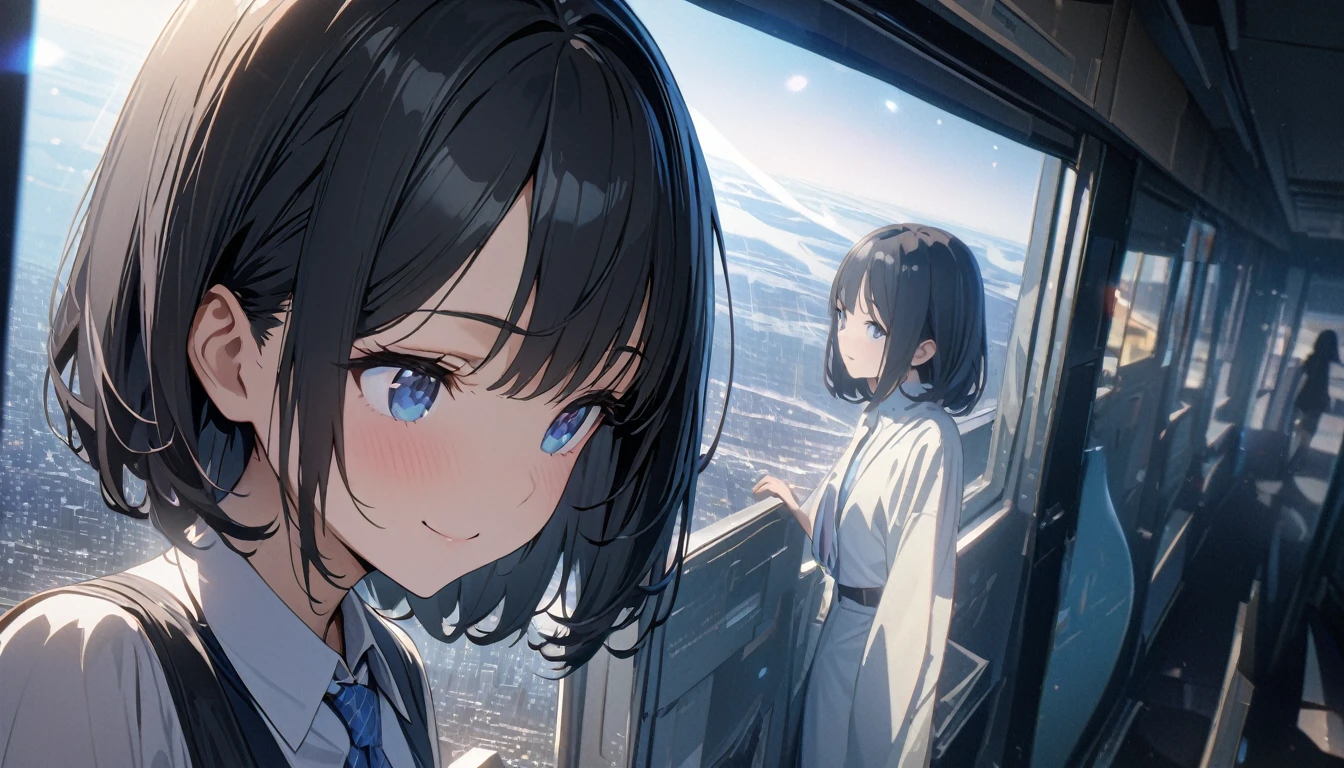 ((ultra-detailed))/three women: (one women with short black hair and bob hair.、beautiful blue eyes,.、smile、gentle smile on her face、flat chest, one Beautiful girl,((masterpiece, illustration, best quality) ((ultra-detailed))/),a girl at her office room  wearing professional formal clothes,濃い青とBeautiful Blueのグラデーション, High resolution, 8K HD detail, hyper-detail, cinematic, surrealism, soft light, deep field focus bokeh, ray tracing and surrealism. --v6