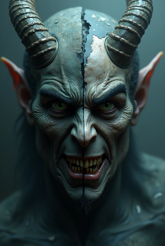 One half of a face is a human devil and the other half is an electric guitar.