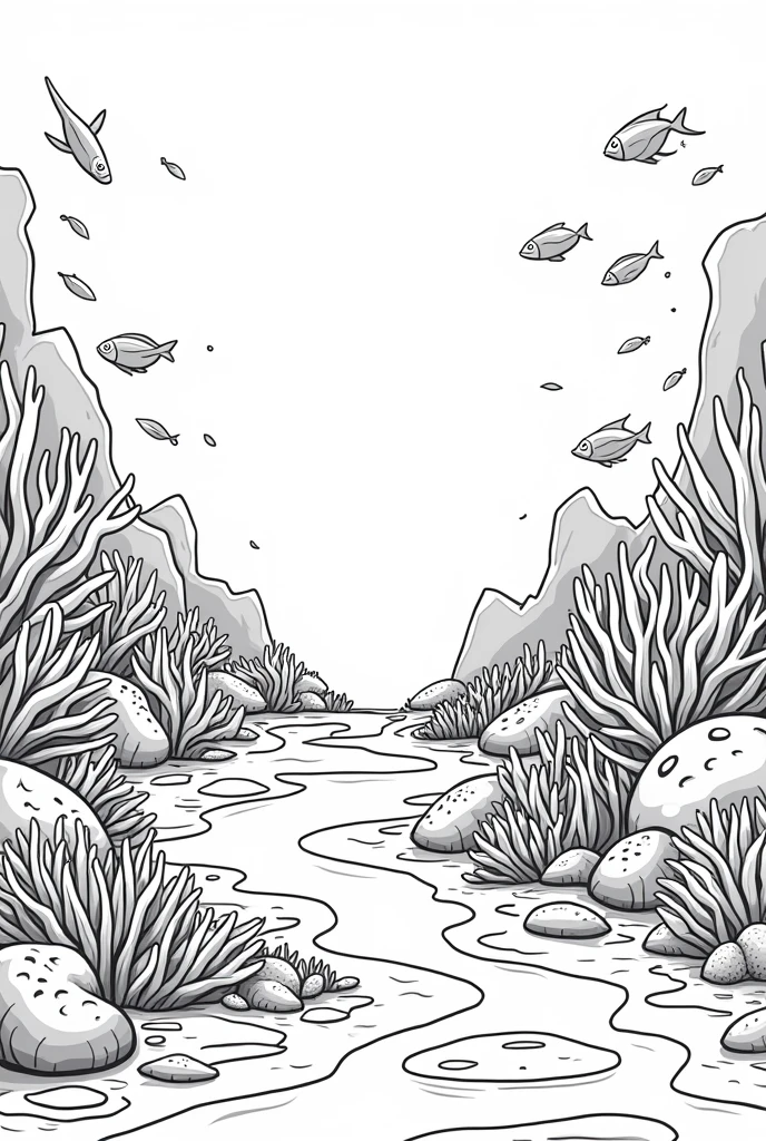 Black and White Outline Art for Kids, Coral Reef Coloring Book Page, Coloring Page for Kids, Full White, Kids Style, Full Length White Background, (((((white background))))) , use outline only, cartoon style, line art, coloring book, clean line art, white background. coral reef, seabed with coral reefs, white background, clean line, coloring page, children's e-book