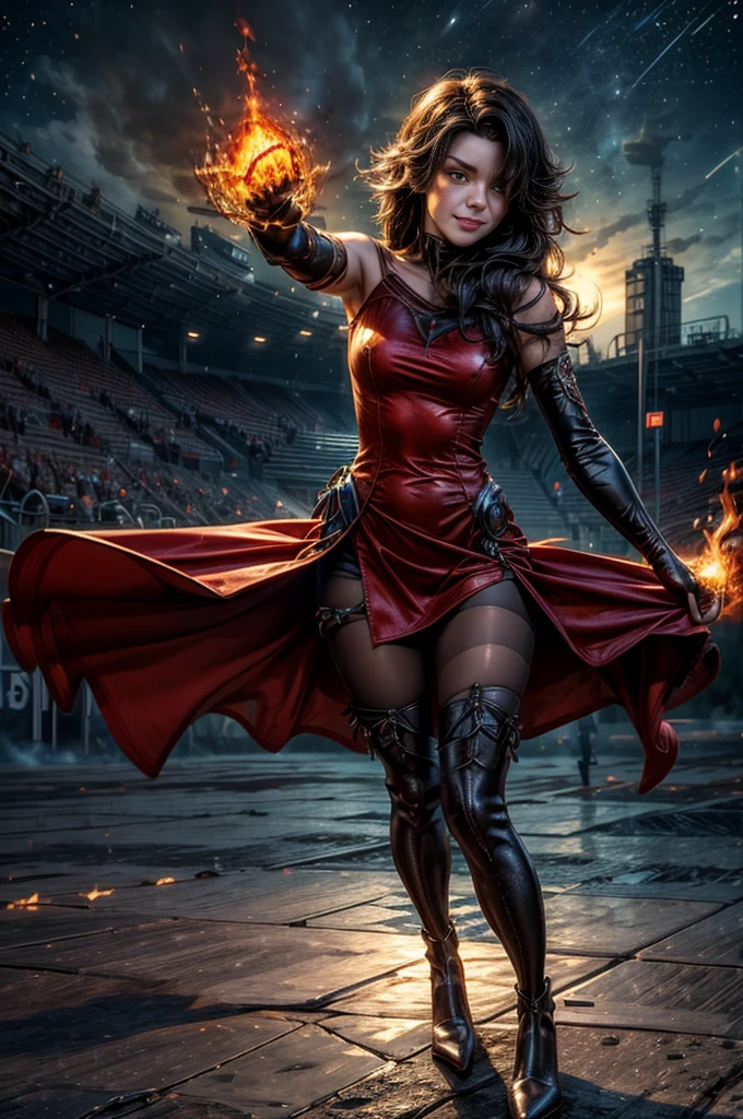 (masterpiece, best quality:1.2), cowboy shot, solo, 1girl, cinder fall, looking at viewer, long hair, red dress, elbow gloves, pantyhose, dynamic pose, standing holding flames, inside stadium, crowd, night, stars, evil smile, post-apocalypse, dystopian future crowd, (volumetric lighting), sharp focus, hyper detailed