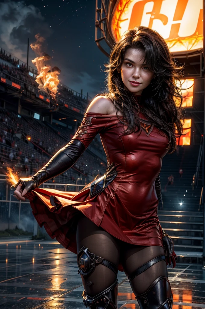 (masterpiece, best quality:1.2), cowboy shot, solo, 1girl, cinder fall, looking at viewer, long hair, red dress, elbow gloves, pantyhose, dynamic pose, standing holding flames, inside stadium, crowd, night, stars, evil smile, post-apocalypse, dystopian future  crowd, (volumetric lighting), sharp focus, hyper detailed 