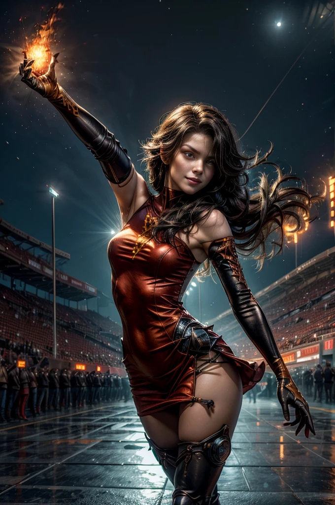 (masterpiece, best quality:1.2), cowboy shot, solo, 1girl, cinder fall, looking at viewer, long hair, red dress, elbow gloves, pantyhose, dynamic pose, standing holding flames, inside stadium, crowd, night, stars, evil smile, post-apocalypse, dystopian future  crowd, (volumetric lighting), sharp focus, hyper detailed 