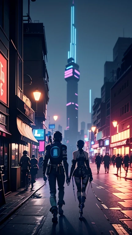 people walking in a city at night with a large clock tower in the background, in a futuristic cyberpunk city, futuristic cyberpunk scenario, arstation and beeple highly, in fantasy sci - fi city, sci-fi cyberpunk city street, busy cyberpunk metropolis, 3 d render beeple, cinematic beeple, cyberpunk city street, in style of beeple