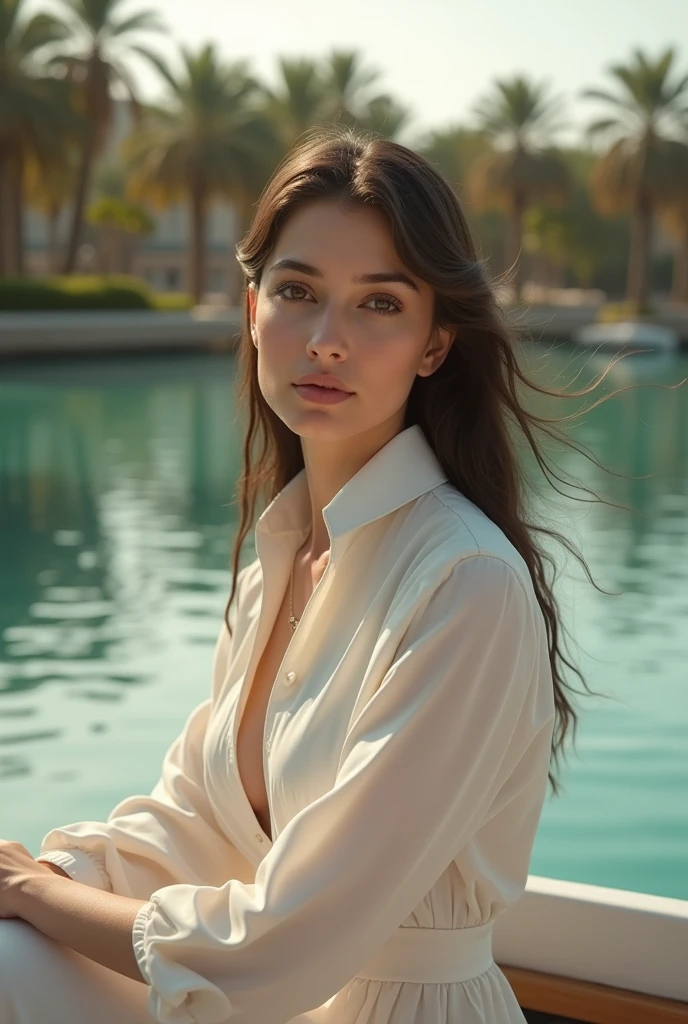 a wanna a realistic picture of human girl who is exact  replica of ayeza khan having dimples and fair skin wearing paint and white full shirt with neck she is in boat in palm jumaira dubai ,spicture of her from far away