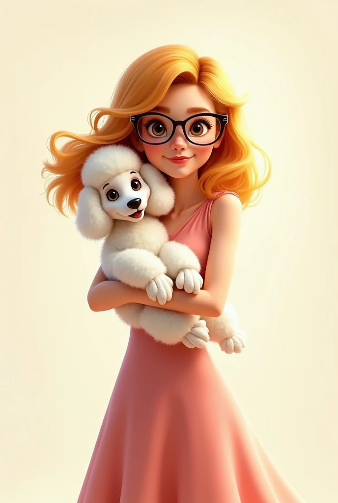 35-year-old Pixar-style woman with medium blonde hair, Kitten Glasses, standing in a long dress without a neckline with a white poodle on her lap with a transparent background 