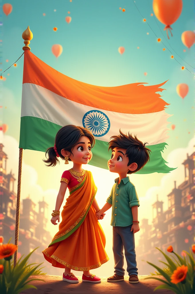 Make a independence day pic in which there a girl and a one boy on girl write the name pinki and on the boy write name of dhruv