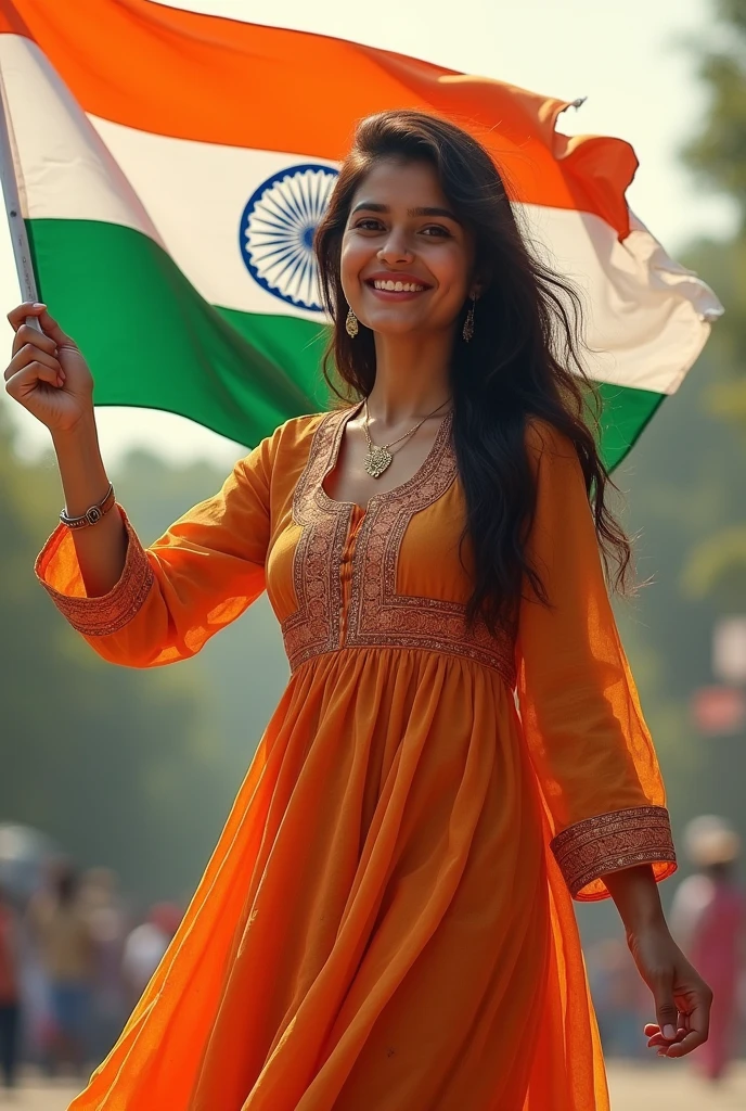 a 22 year girl wearing frok and holding indian flag on her hand and her name afsana written on his hand