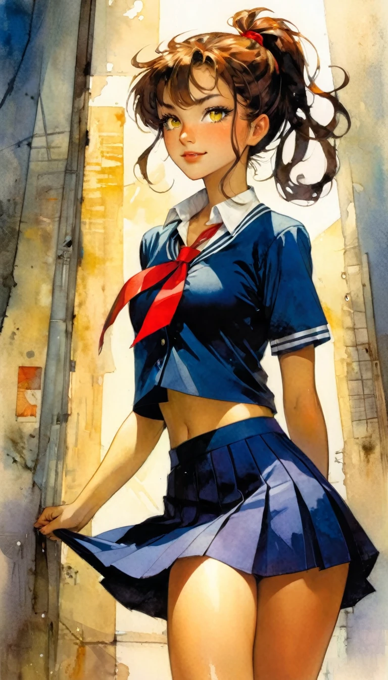 1 woman, brown hair, braid ponytail, sexy, perm, yellow eyes, brown skin, (dark blue high school uniform), (dark blue skirt),summer, happy,small breast, red neckribbon, add_detail:1, add_detail:0, add_detail:0.5,low angle,beautiful legs,cleavage,open shirt,  art inspired by Bill Sienkiewicz and Dave McKean
