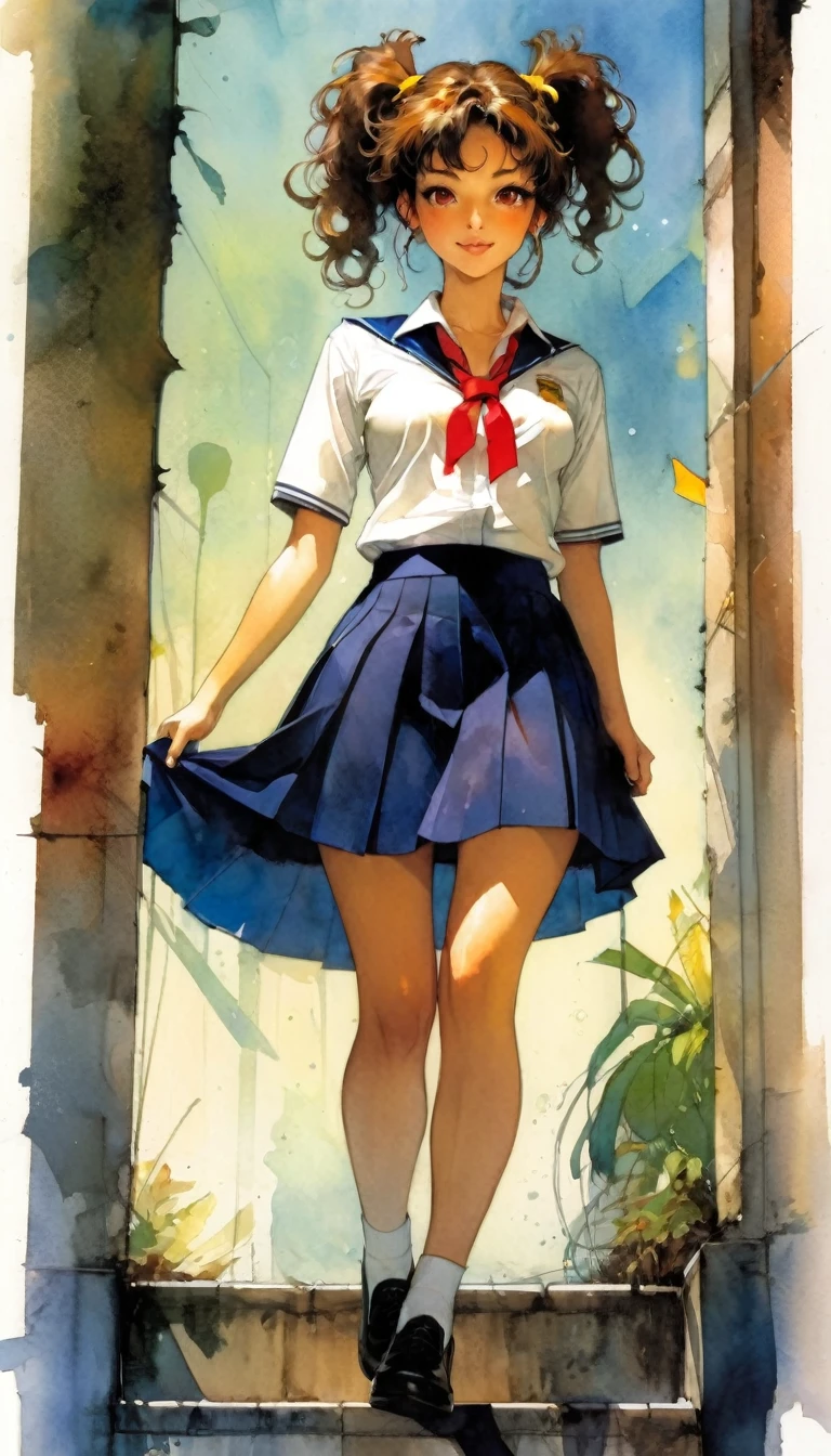 1 woman, brown hair, braid ponytail, sexy, perm, yellow eyes, brown skin, (dark blue high school uniform), (dark blue skirt),summer, happy,small breast, red neckribbon, add_detail:1, add_detail:0, add_detail:0.5,low angle,beautiful legs,cleavage,open shirt,  art inspired by Bill Sienkiewicz and Dave McKean
