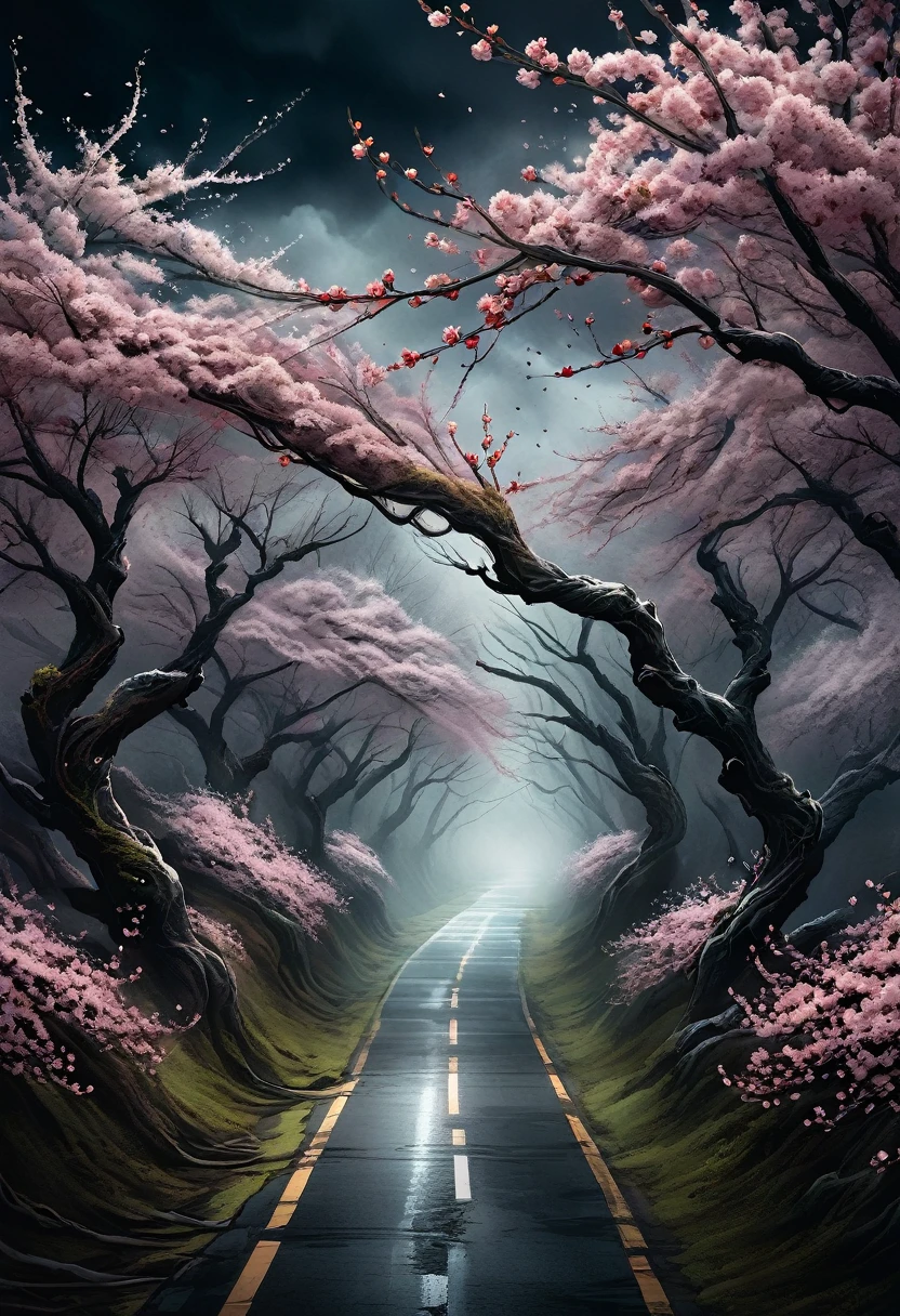 A deserted road stretches into the distance, shrouded in a dark, ominous environment. Overhanging branches, adorned with cherry blossoms, create a stark contrast against the bleak surroundings. The sky is dominated by menacing black clouds, illuminated by flashes of eerie red lightning that cast an unsettling glow over the scene. The atmosphere is a blend of dark fantasy and surrealism, with intense, dramatic lighting and intricate details on the cherry blossoms and branches. The composition captures a haunting, otherworldly beauty, evoking a sense of mystery and foreboding. —ar 2:3 —v 5.1