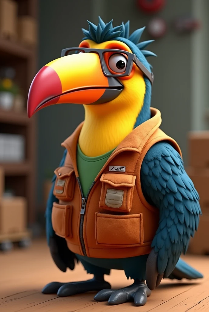 Tucan wearing a warehouse vest and glasses in a Pixar-style cartoon