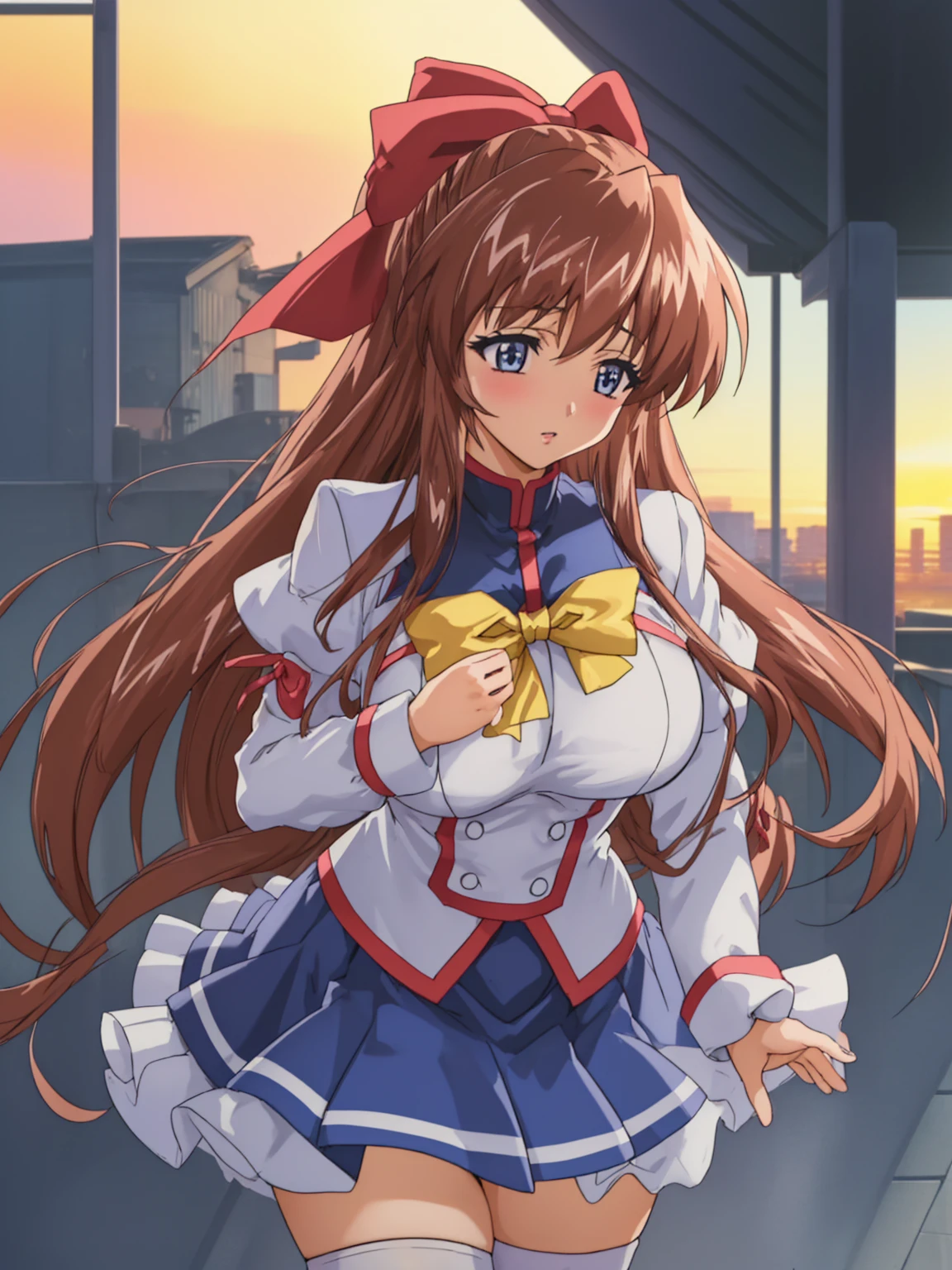 (Anime artwork, Anime Style, Studio Anime, Very detailed, Latest, Vibrant, Anime Coloring Book, High Contrast, masterpiece:1.2, Highest quality, Best aesthetics), (Beautiful and detailed:1.2), Straight Long Hair, Large Mid Chest, Hair Ribbon, (school uniform, Long sleeve, bow tie, Blue Skirt, White knee socks, sunset, Cityscape), ((A man rubs her chest from behind)), Asymmetrical bangs, Perfect Proportions, Skin with attention to detail, cute, Detailed face, blush, Lips parted, liar, View your audience, (Cowboy Shot, Dynamic Angle:1.2), (Accurate fingertips, Browse 4, Thumb 1),