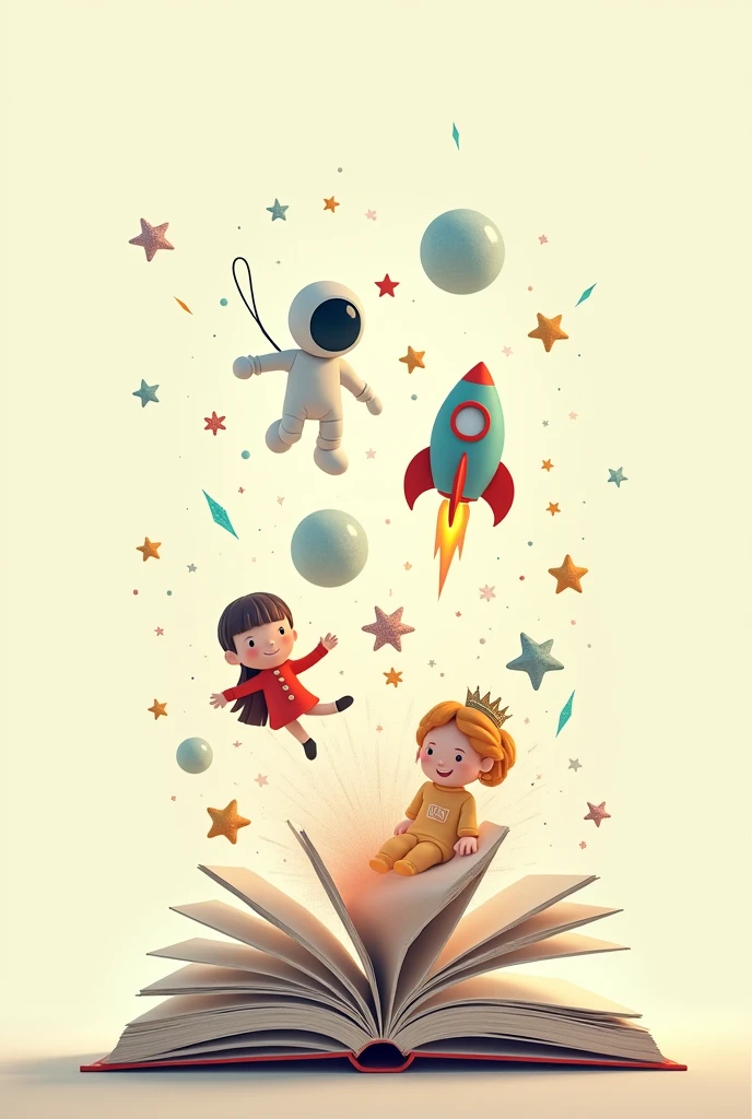 a simple design with light tone colors, with the drawing of an open book and images of a castle, Spaceman, princesselise, rocket ship, coming out of the book