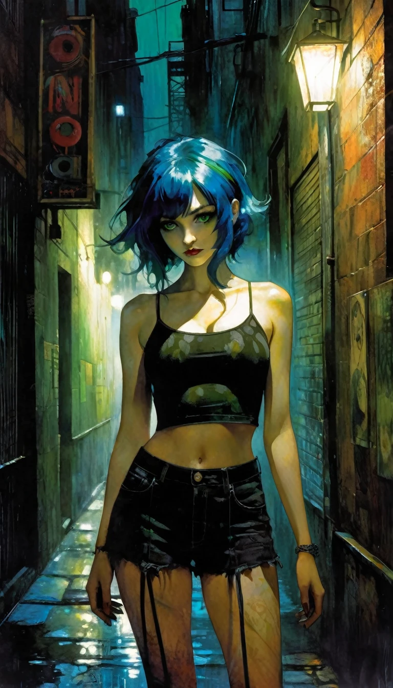 -girl standing on the street,perfect blue-haired girl,glowing green eyes,sexy, wearing a crop top,Dark Alley,Floral Clothes,City, Black Shirt-, eroticism, sexy, black and white image, between shadows, oil painting, chiaroscuro, sensual, dramatic lighting, moody atmosphere, photorealistic, intricate details, masterpiece, ultra-detailed, high quality, 8k, best quality, realistic, cinematic, dark and brooding, expressionistic, powerful composition, emotional impact, art inspired by Bill Sienkiewicz and Dave McKean