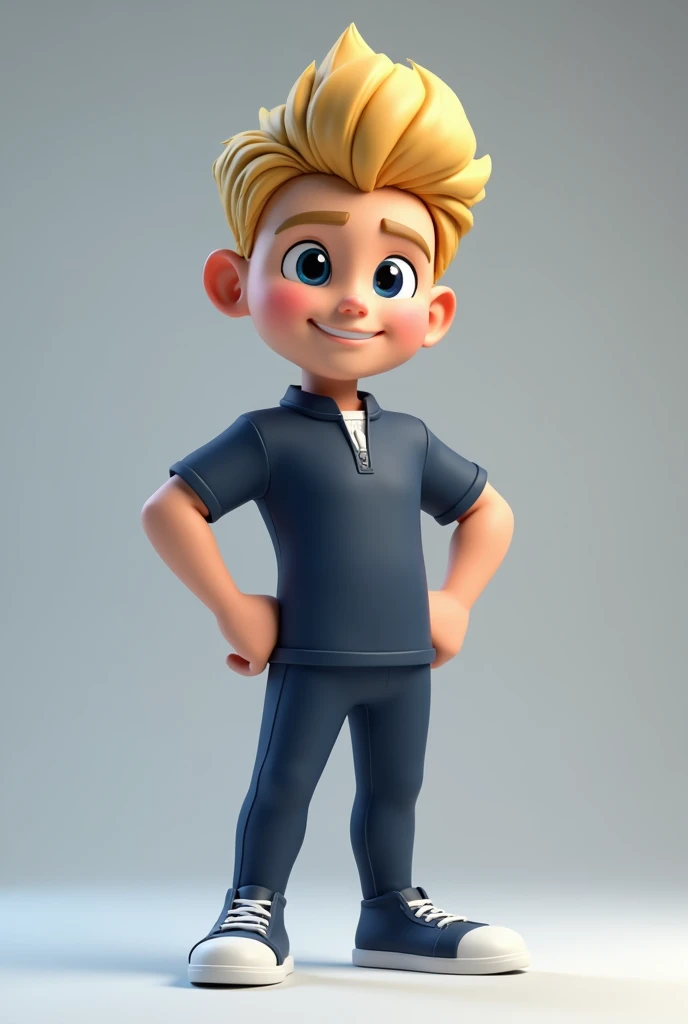 Create a 3d mascot of a blonde male character wearing a dark blue uniform