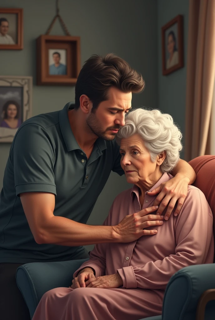 Son taking care of his mother with Alzheimer's