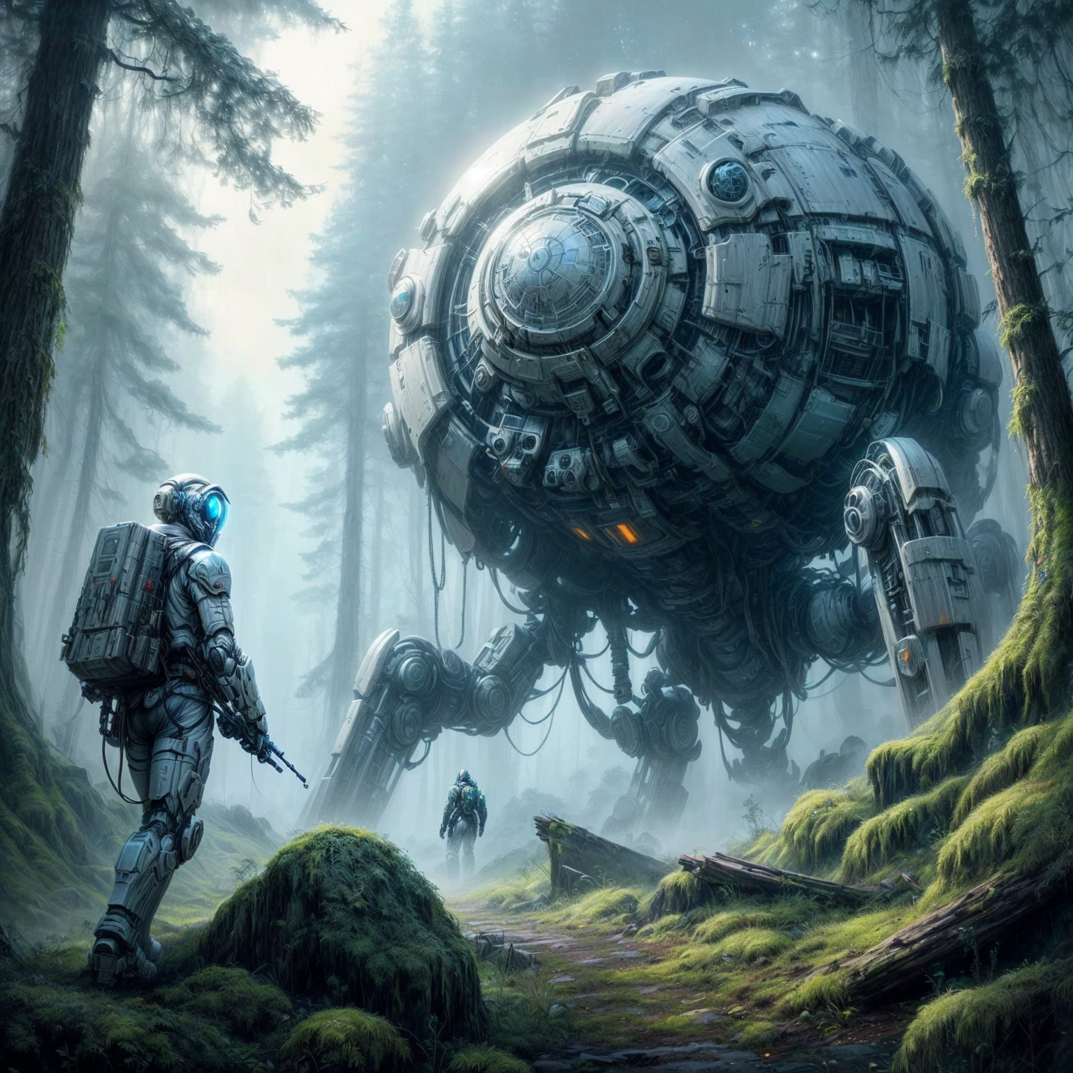 futuristic sci - fi art of a man and a giant robot in a forest, detailed sci-fi art, sci-fi fantasy art, sci-fi artwork, sci - fi artwork, sci-fi illustrations, sci - fi illustrations, sci fi artwork, sci-fi art, sci - fi art, epic fantasy sci fi illustration, sci fi art, science fiction art