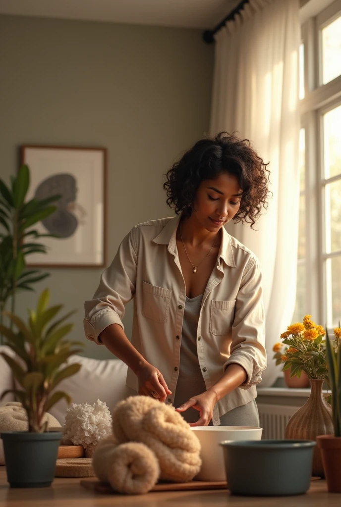 a black woman tidying the house and being thoughtful