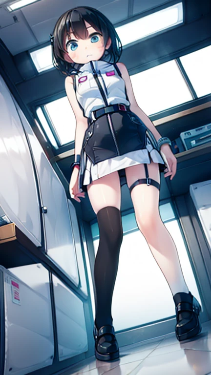 (Highest quality), (masterpiece), 1080P, High resolution, 4K, 8k, Inside the space station、Futuristic room、Thigh straps, Shooting from directly below, The woman on top of me, 白いSweat, Covered , Sweat, Woman looking down, Skirt swimsuit, Thigh-high socks, To achieve this, , , whole body, Black leather shoes, Braided hair, Inner Color, Embarrassed face, Short black hair, bracelet, Bedroom,celestial body_Vest
