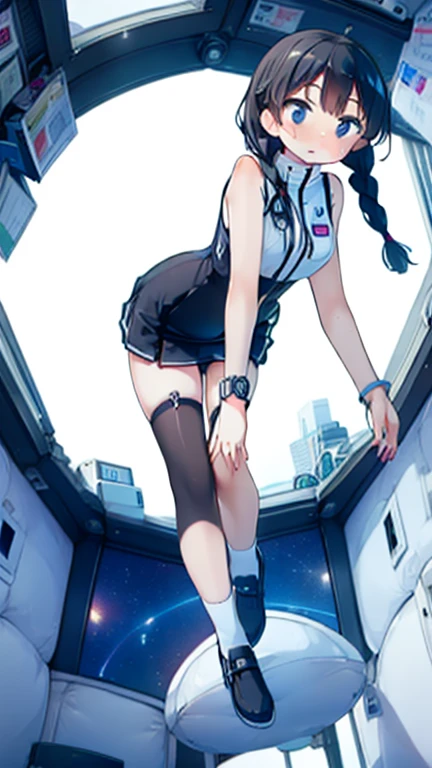 (Highest quality), (masterpiece), 1080P, High resolution, 4K, 8k, Inside the space station、Futuristic room、Thigh straps, Shooting from directly below, The woman on top of me, 白いSweat, Covered , Sweat, Woman looking down, Skirt swimsuit, Thigh-high socks, To achieve this, , , whole body, Black leather shoes, Braided hair, Inner Color, Embarrassed face, Short black hair, bracelet, Bedroom,celestial body_Vest
