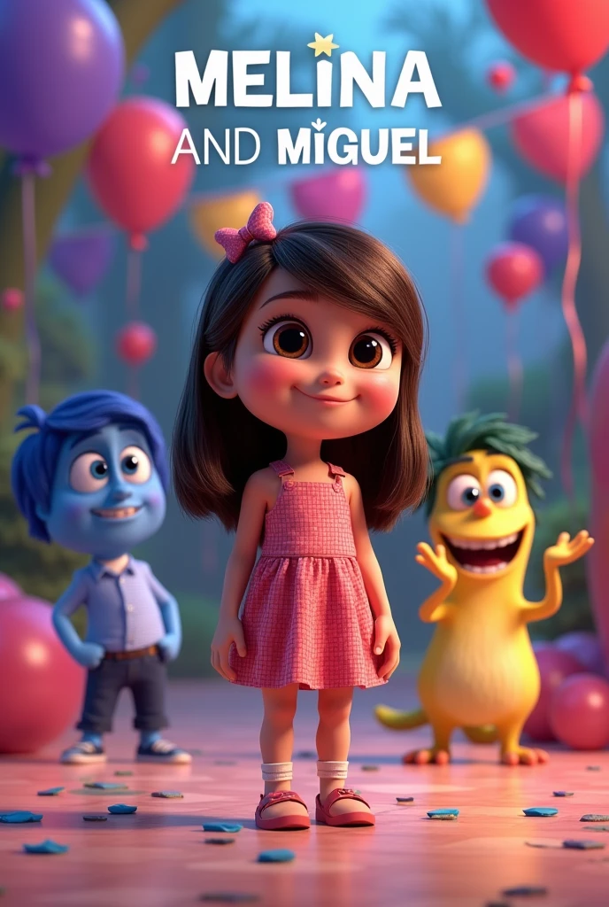 a 5--old zilian girl, small, honey-colored eyes, long hair straight length, light brown hair, Caucasian skin, full body, with text "MELINA AND MIGUEL ", with the background featuring the characters from the movie Inside Out 2, Pixar-style birthday invitation