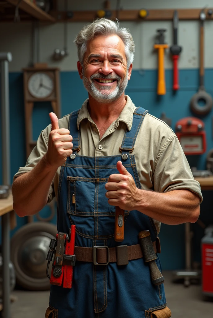 A mechanic with his thumb up smiling with his tools