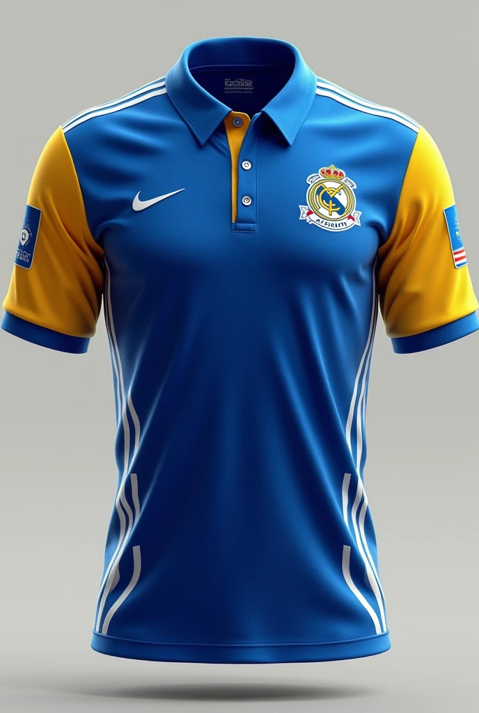 A football shirt with blue colours, yellow and white (screen printed)