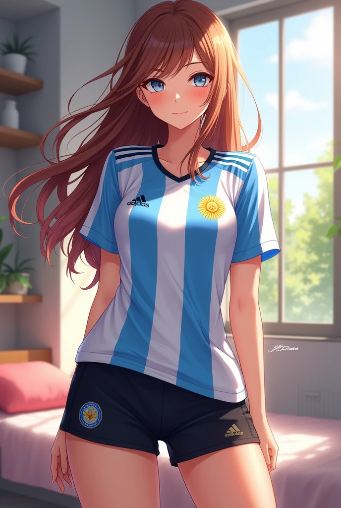 an anime style drawing of a beutiful woman wearing an Argentina national soccer team and black shorts on her house