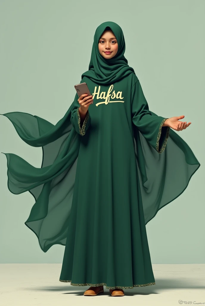 A girl is in a
 green burqa, the whole burqa is spread out, wearing a burqa and holding an iPhone style 
in her hand, and she is standing with ground and her shirt 
written in the style (Hafsa).