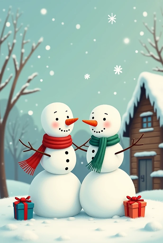 Create two images scene with the following elements: Make sure the images are identical except for five differences..Snowman: One snowman has a carrot nose; the other has a on nose.
Snowflakes: One image has five snowflakes in the sky; the other has six.
Scarf Color: One snowman’s scarf is red; the other’s is green.
Present Ribbon: One present has a blue ribbon; the other has a red ribbon.
Icicles: One image has icicles hanging from the roof; the other does not.