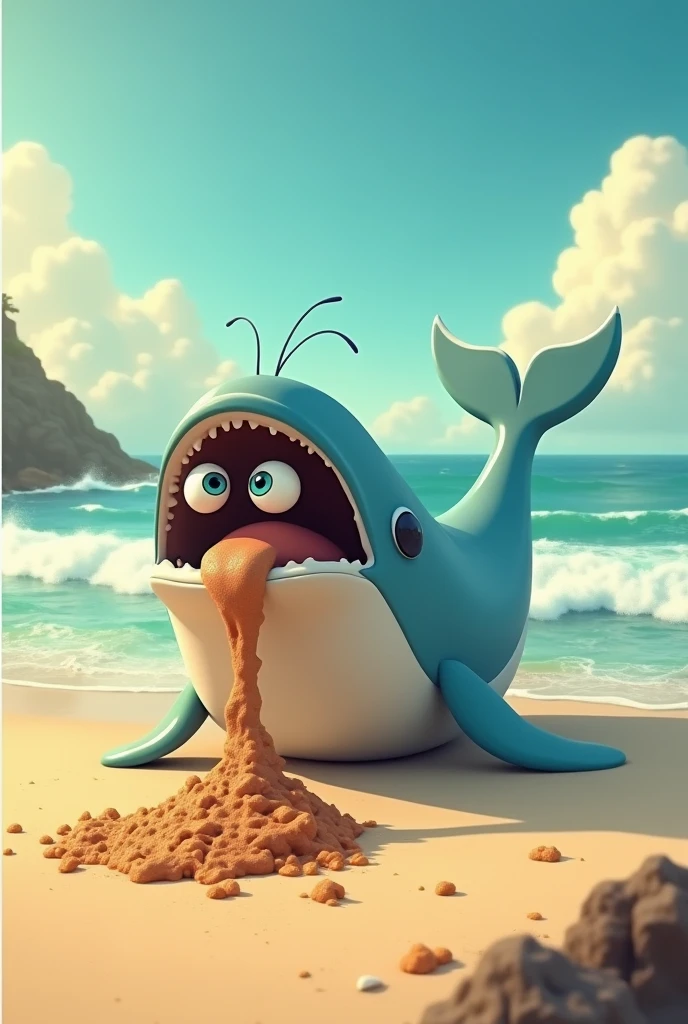 an animated whale on the beach that spits poop with eyes out of its blowhole