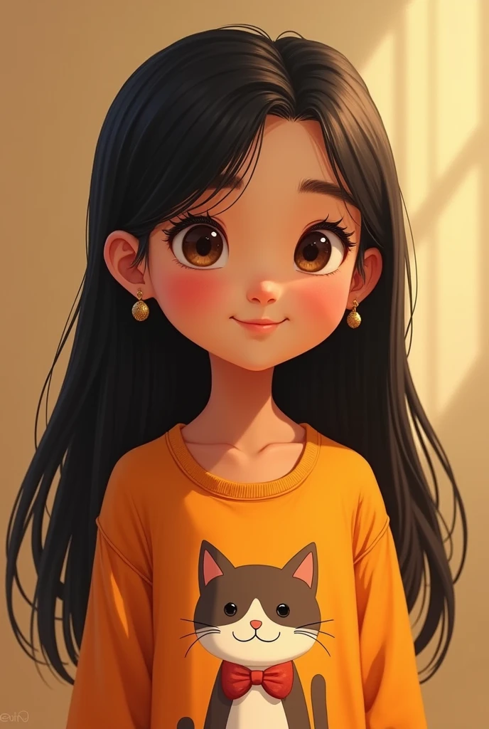 about 7 years old, light brown skin, small brown eyes, long black straight hair down to her knees, happy facial expression, with small gold earrings, an orange long-sleeved blouse with a cat in the center
