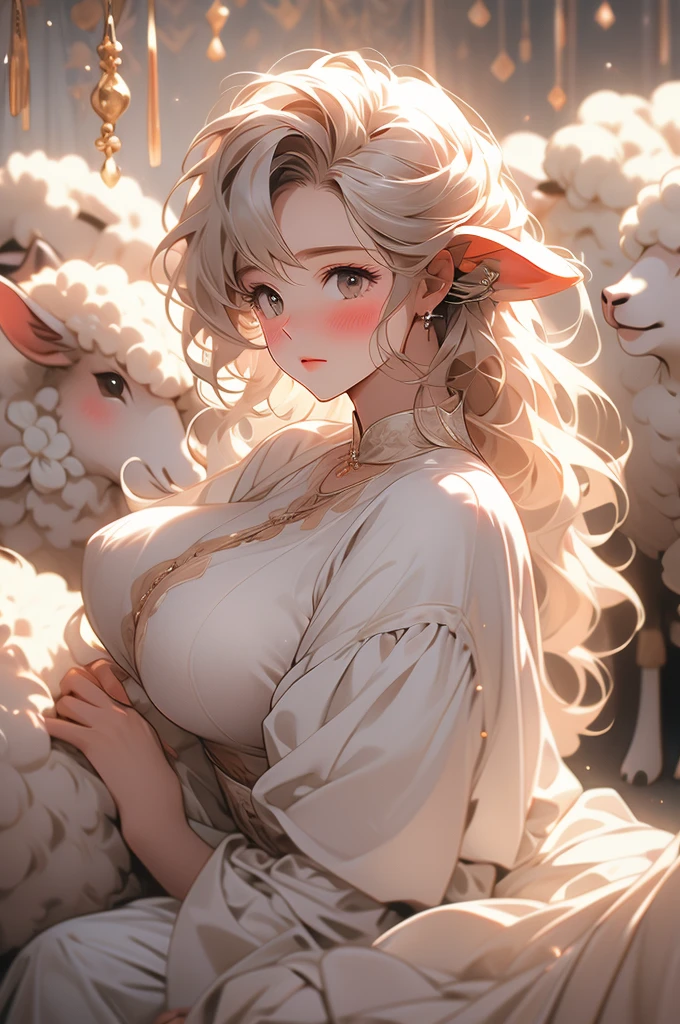 sheep-girl, subtle blush, sleepy, voluptuous