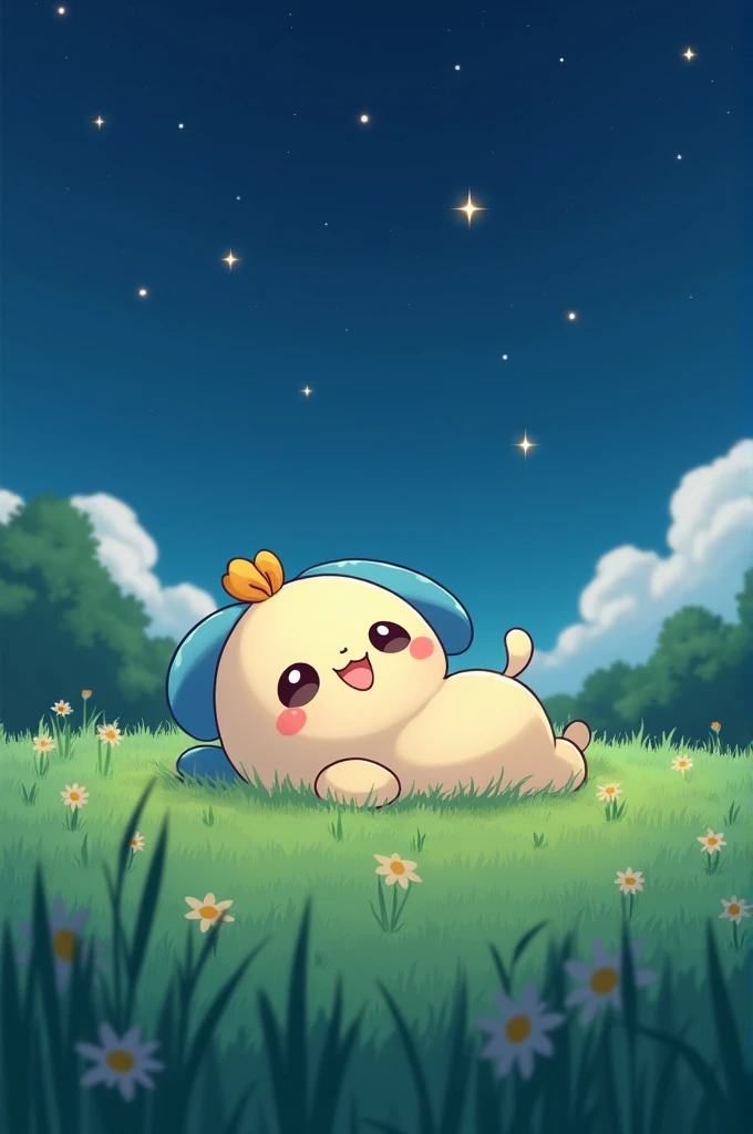 Koook bt21 lying down in a field looking at a few stars in the sky