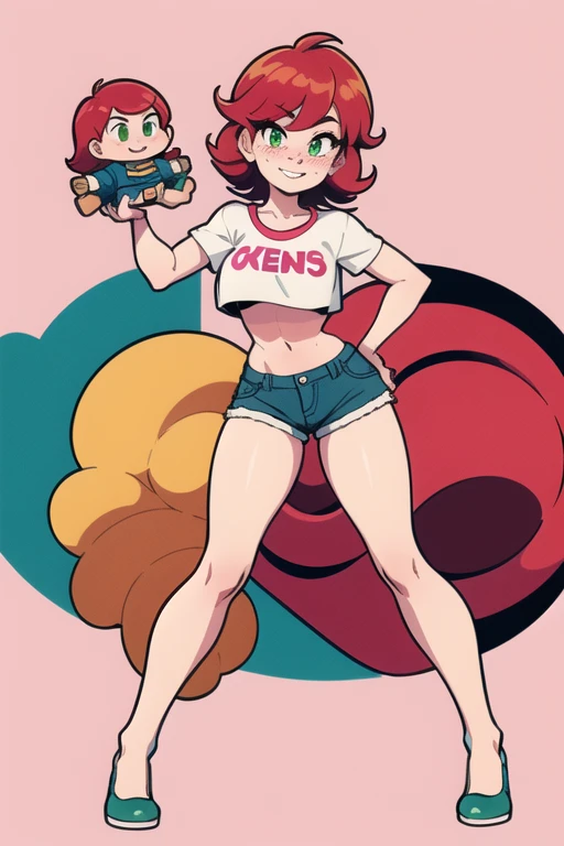 ((ultra quality)), ((masterpiece)), (MaryJane Wattson:1), ((red hair, ginger hair, green eyes freckles)),(tight jean shorts, unbuttoned jean shorts, tight crop top, white crop top tee, busty shirt), looking at viewer with a snarky grin, expressive, action pose, leaning forward, holding a doll (dynamic_angle:1), (dynamic_pose:1.2), (masterpiece:1.2), (best quality, highest quality), (ultra detailed), (8k, 4k, intricate),(full body:1) (Masterpiece, Best Quality), 8k Wallpaper, highly detailed, poster, vintage spy film, 1960s, sexy female rental killer, simple color background, single color background, seductive look, mid century modern, movie poster, vintage, vintage look, wide hips, large breasts, skin tight. pink color theme, pale pink theme, striking eyes, comic, comic style, full body showing, entire body showing, pin up, pin up model, pin up style,