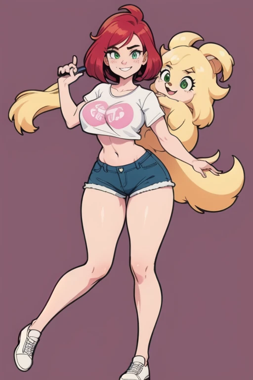 ((ultra quality)), ((masterpiece)), (MaryJane Wattson:1), ((red hair, ginger hair, green eyes freckles)),(tight jean shorts, unbuttoned jean shorts, tight crop top, white crop top tee, busty shirt), looking at viewer with a snarky grin, expressive, action pose, leaning forward, holding a doll (dynamic_angle:1), (dynamic_pose:1.2), (masterpiece:1.2), (best quality, highest quality), (ultra detailed), (8k, 4k, intricate),(full body:1) (Masterpiece, Best Quality), 8k Wallpaper, highly detailed, poster, vintage spy film, 1960s, sexy female rental killer, simple color background, single color background, seductive look, mid century modern, movie poster, vintage, vintage look, wide hips, large breasts, skin tight. pink color theme, pale pink theme, striking eyes, comic, comic style, full body showing, entire body showing, pin up, pin up model, pin up style,