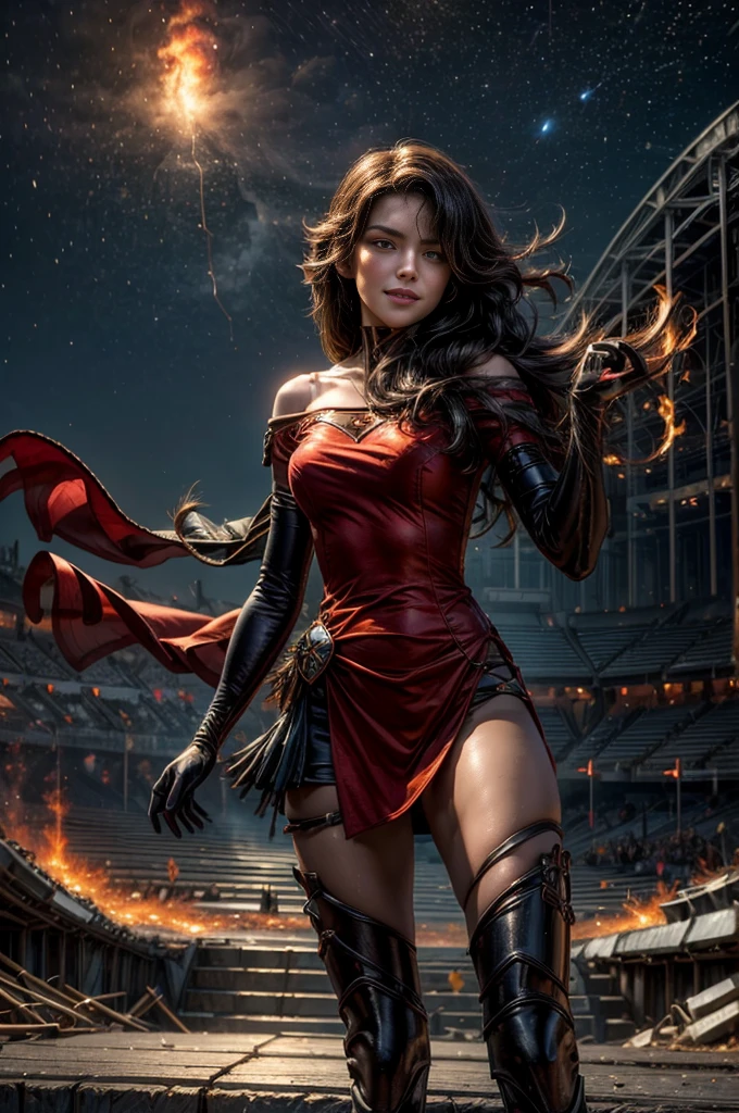 (masterpiece, best quality:1.2), cowboy shot, solo, 1girl, cinder fall, looking at viewer, long hair, red dress, elbow gloves, pantyhose, dynamic pose, standing holding flames, inside stadium, crowd, night, stars, evil smile, post-apocalypse, dystopian future crowd, (volumetric lighting), sharp focus, hyper detailed