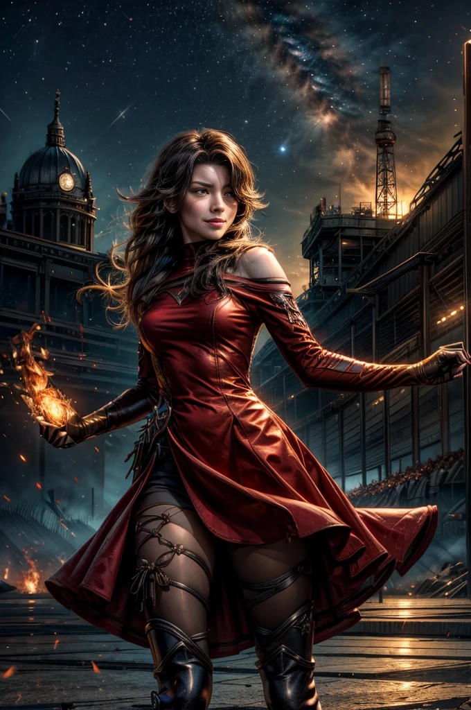 (masterpiece, best quality:1.2), cowboy shot, solo, 1girl, cinder fall, looking at viewer, long hair, red dress, elbow gloves, pantyhose, dynamic pose, standing holding flames, inside stadium, crowd, night, stars, evil smile, post-apocalypse, dystopian future  crowd, (volumetric lighting), sharp focus, hyper detailed 