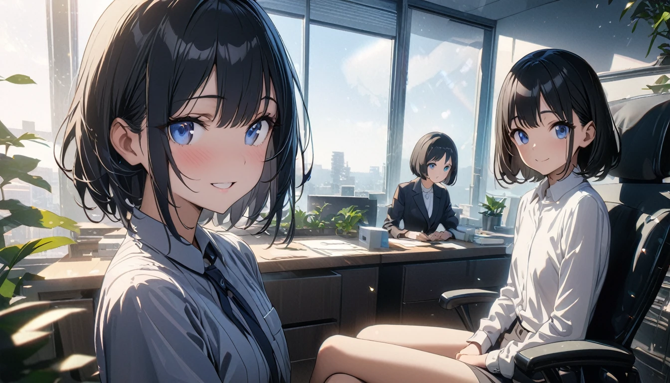 ((ultra-detailed))/three women: (one women with short black hair and bob hair.、beautiful blue eyes,.、smile、gentle smile on her face、flat chest, one Beautiful girl,((masterpiece, illustration, best quality) ((ultra-detailed))/),a girl at her office room, sitting on her chair while there are plants in the background, wearing professional formal clothes,濃い青とBeautiful Blueのグラデーション, High resolution, 8K HD detail, hyper-detail, cinematic, surrealism, soft light, deep field focus bokeh, ray tracing and surrealism. --v6
