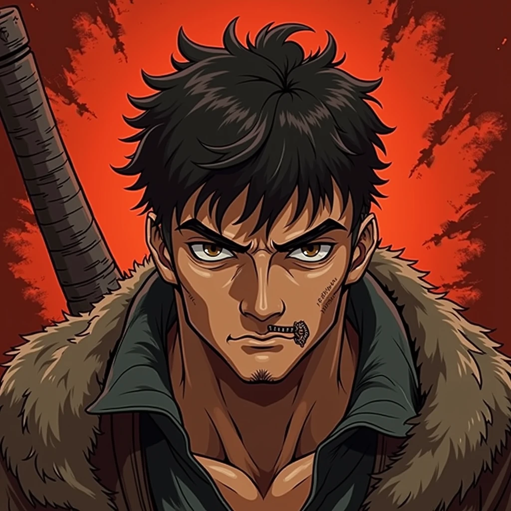 To create an image of the character Klaus, I imagined someone with a strong and determined appearance, reflecting his hard training and his purpose to protect the weakest. His dark brown eyes have a depth that suggests both experience and willpower. The hair is wavy and black, falling naturally around the face, perhaps with some strands falling over his forehead. The birthmark on the lower left corner of his mouth is a subtle detail, but that adds personality to his look. An inspiration in the anime style *berserk* From 1997, especially in the character Guts, brings a darker and more robust trait. Klaus would have a serious expression, with strong lines that accentuated his determination and resilience. His physique would be muscular, but not comfortable, with a posture that shows as much strength as a readiness for battle. The setting around him could be dark, with deep shadows that contrast with his figure