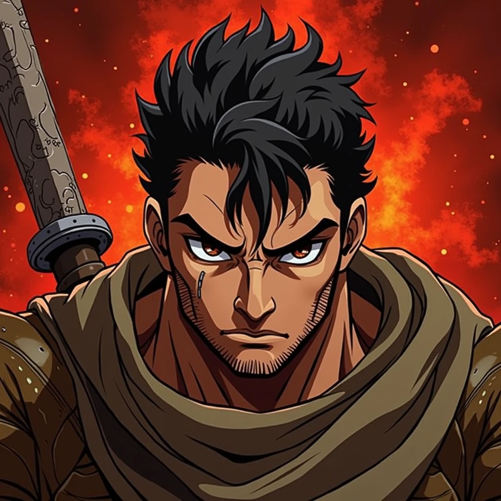 To create an image of the character Klaus, I imagined someone with a strong and determined appearance, reflecting his hard training and his purpose to protect the weakest. His dark brown eyes have a depth that suggests both experience and willpower. The hair is wavy and black, falling naturally around the face, perhaps with some strands falling over his forehead. The birthmark on the lower left corner of his mouth is a subtle detail, but that adds personality to his look. An inspiration in the anime style *berserk* From 1997, especially in the character Guts, brings a darker and more robust trait. Klaus would have a serious expression, with strong lines that accentuated his determination and resilience. His physique would be muscular, but not comfortable, with a posture that shows as much strength as a readiness for battle. The setting around him could be dark, with deep shadows that contrast with his figure